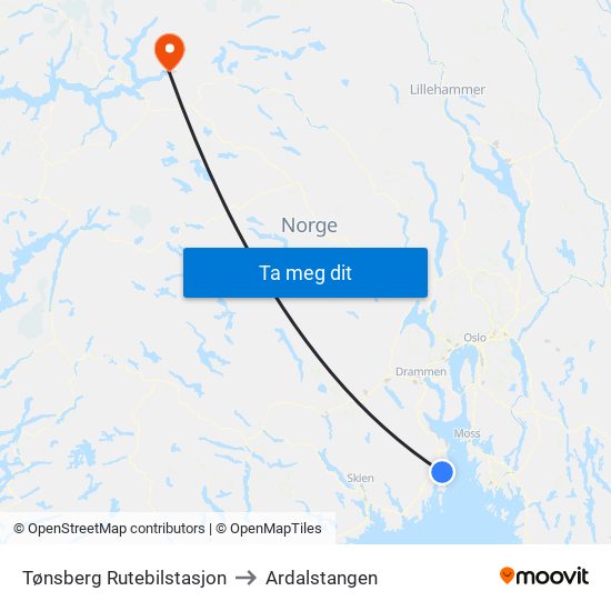 Tønsberg Rutebilstasjon to Ardalstangen map