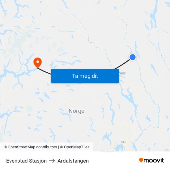 Evenstad Stasjon to Ardalstangen map