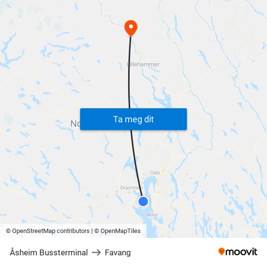 Åsheim Bussterminal to Favang map