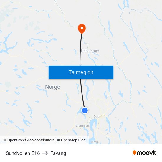 Sundvollen E16 to Favang map