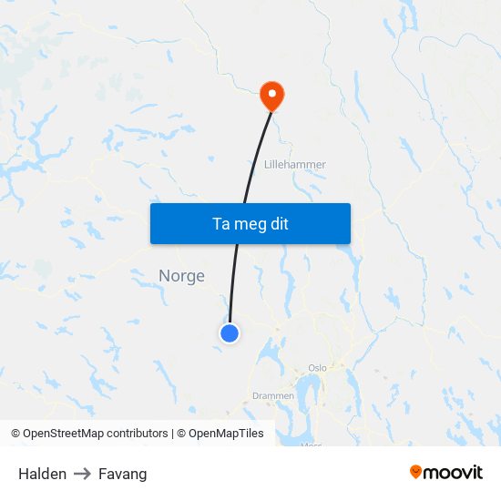 Halden to Favang map