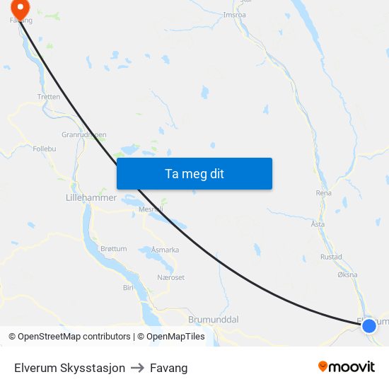 Elverum Skysstasjon to Favang map