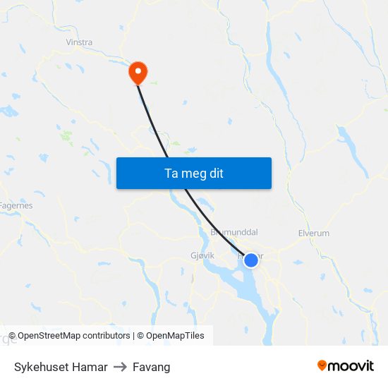 Sykehuset Hamar to Favang map