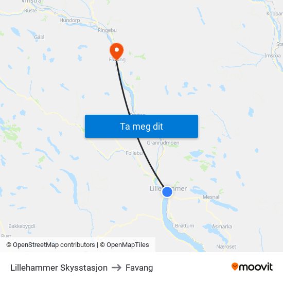 Lillehammer Skysstasjon to Favang map