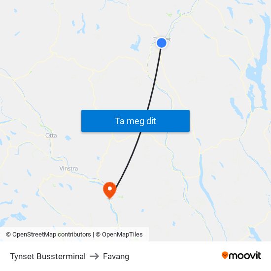 Tynset Bussterminal to Favang map