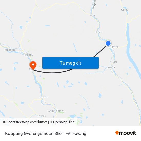 Koppang Øverengsmoen Shell to Favang map