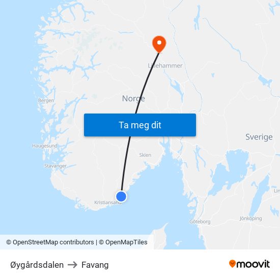 Øygårdsdalen to Favang map