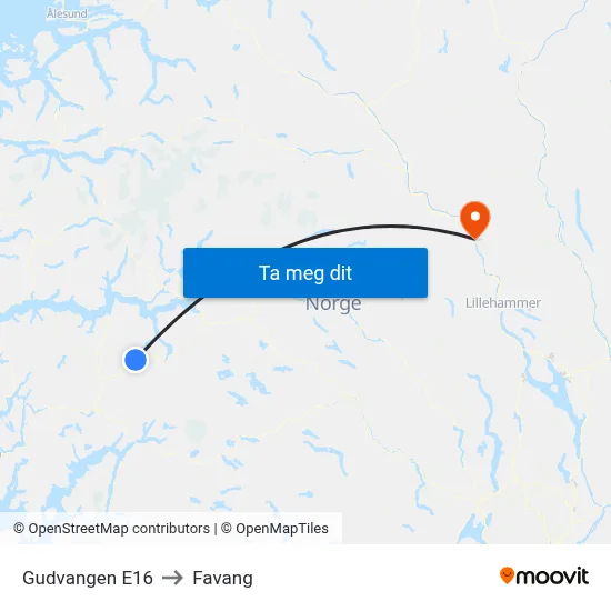 Gudvangen E16 to Favang map