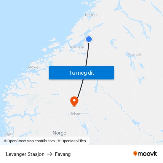 Levanger Stasjon to Favang map