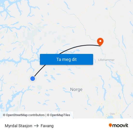 Myrdal Stasjon to Favang map