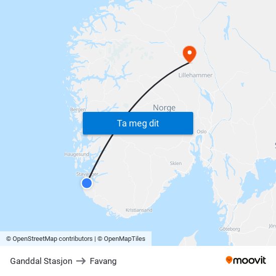 Ganddal Stasjon to Favang map