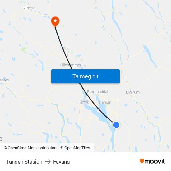 Tangen Stasjon to Favang map