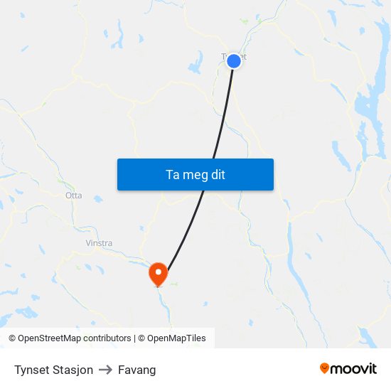 Tynset Stasjon to Favang map