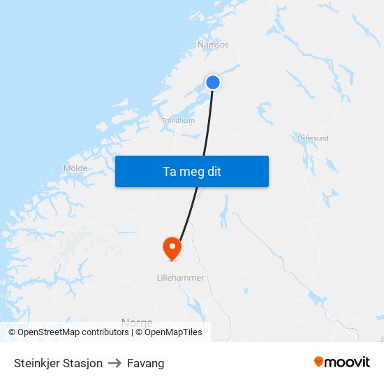 Steinkjer Stasjon to Favang map