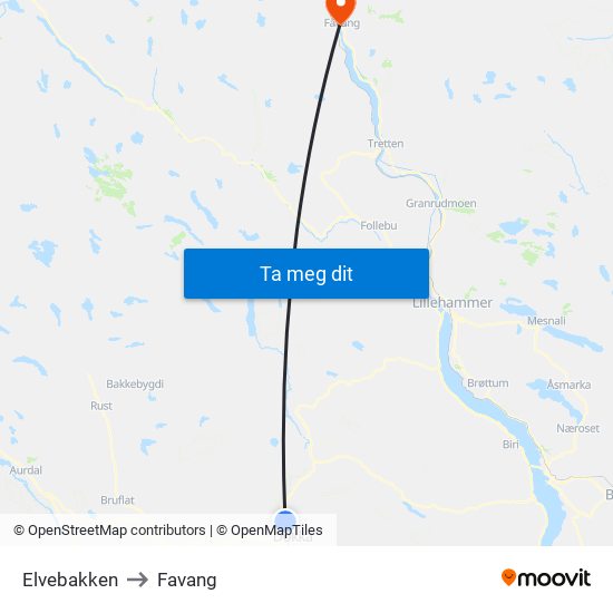 Elvebakken to Favang map