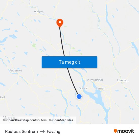 Raufoss Sentrum to Favang map