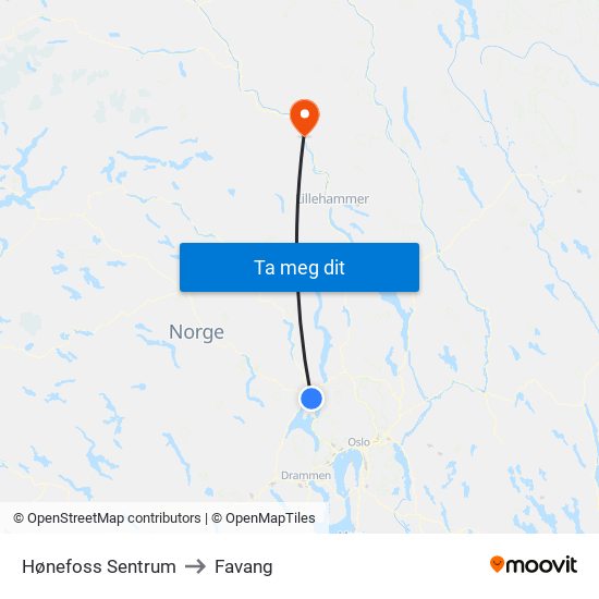 Hønefoss Sentrum to Favang map