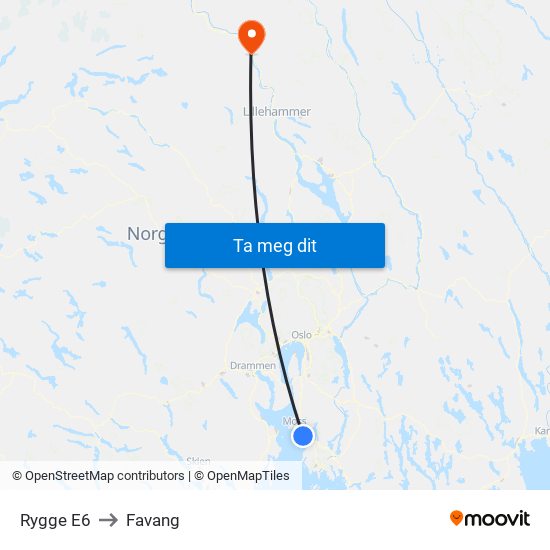 Rygge E6 to Favang map