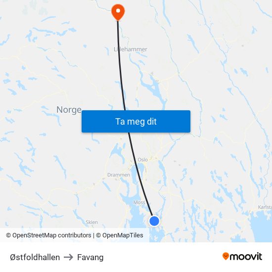 Østfoldhallen to Favang map