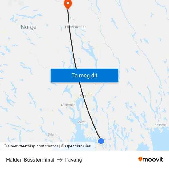 Halden Bussterminal to Favang map