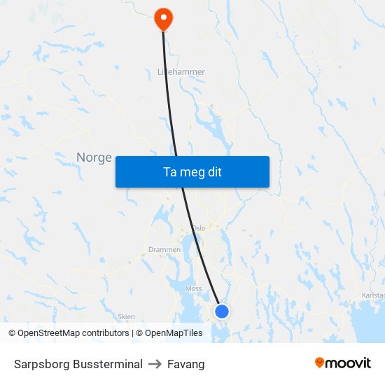 Sarpsborg Bussterminal to Favang map