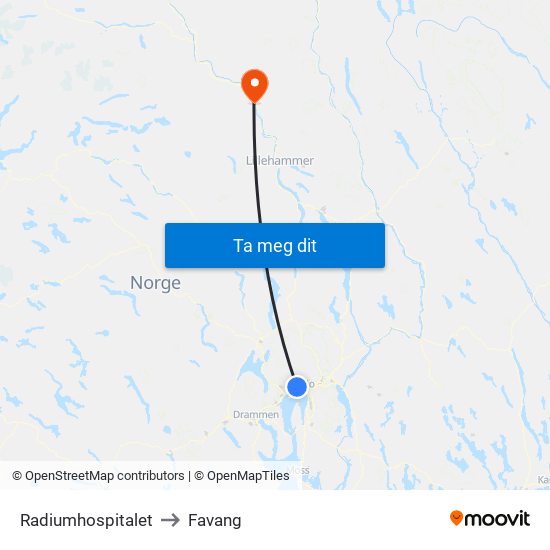 Radiumhospitalet to Favang map