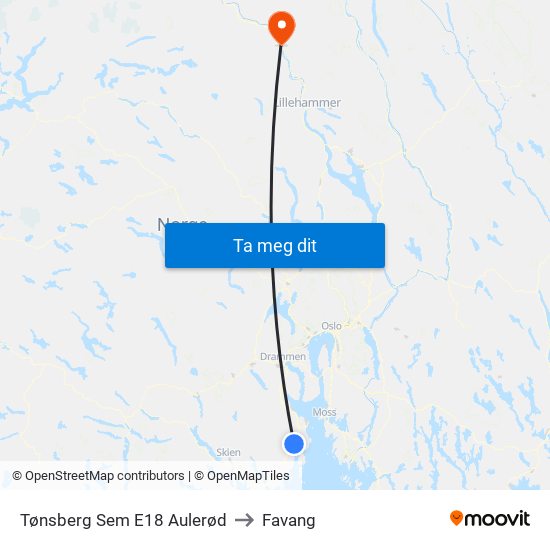 Tønsberg Sem E18 Aulerød to Favang map