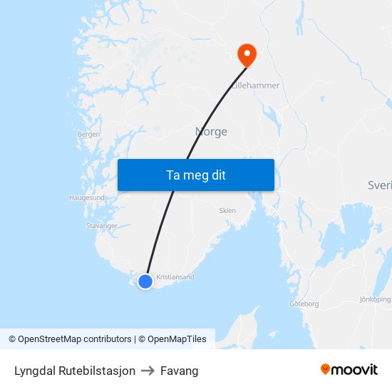 Lyngdal Rutebilstasjon to Favang map
