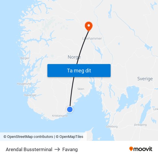 Arendal Bussterminal to Favang map