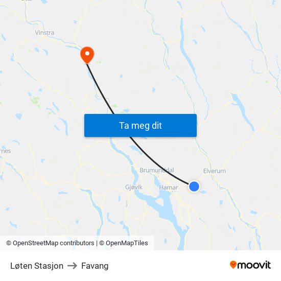 Løten Stasjon to Favang map