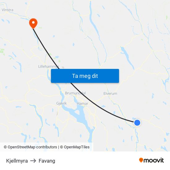 Kjellmyra to Favang map