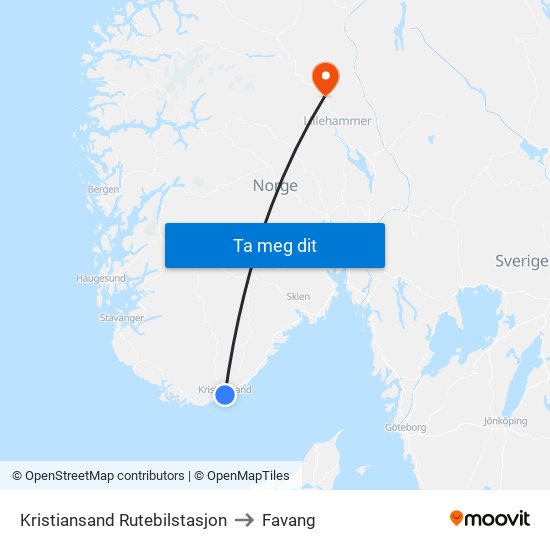 Kristiansand Rutebilstasjon to Favang map