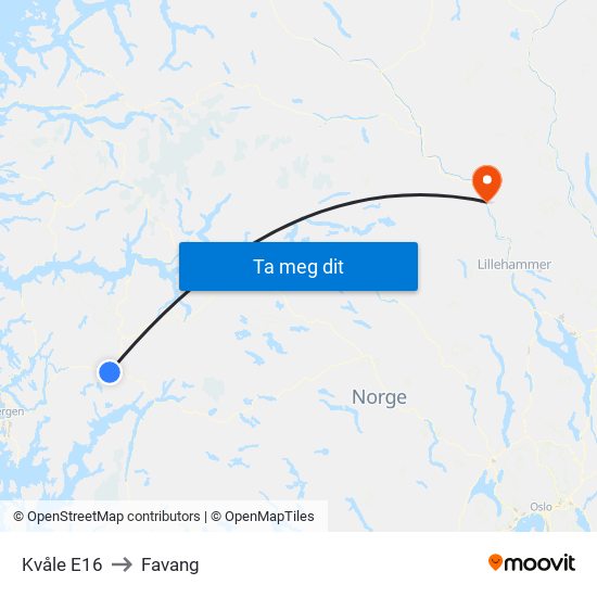 Kvåle E16 to Favang map