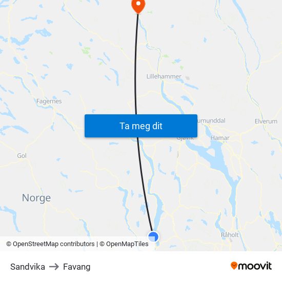 Sandvika to Favang map