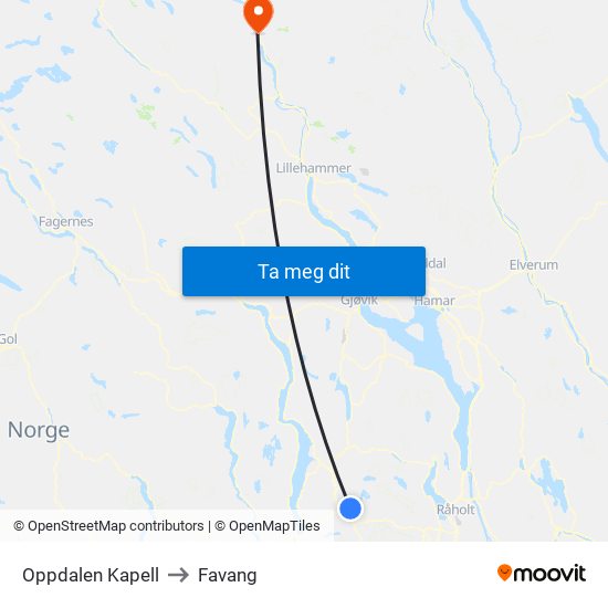 Oppdalen Kapell to Favang map