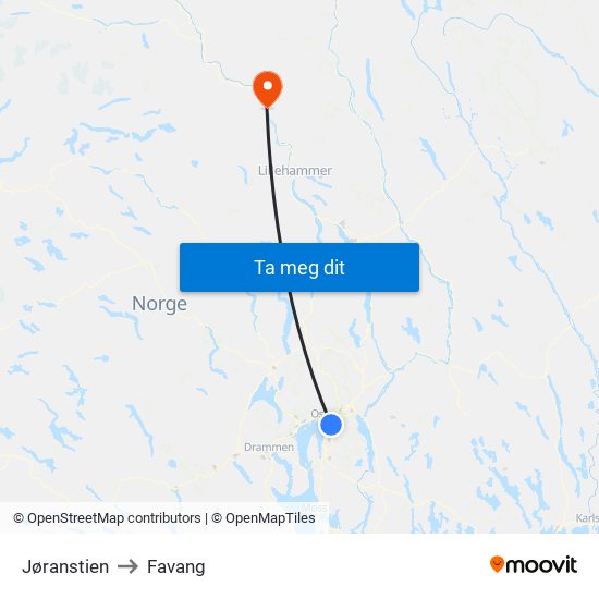 Jøranstien to Favang map