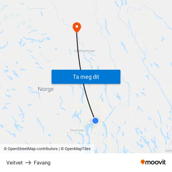 Veitvet to Favang map