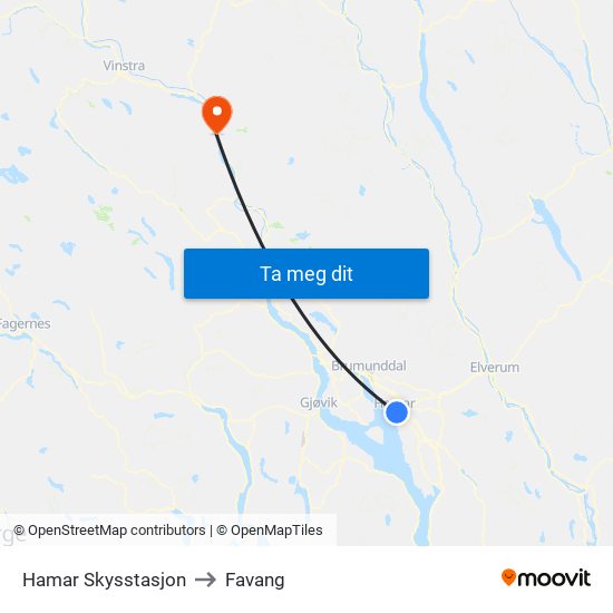 Hamar Skysstasjon to Favang map