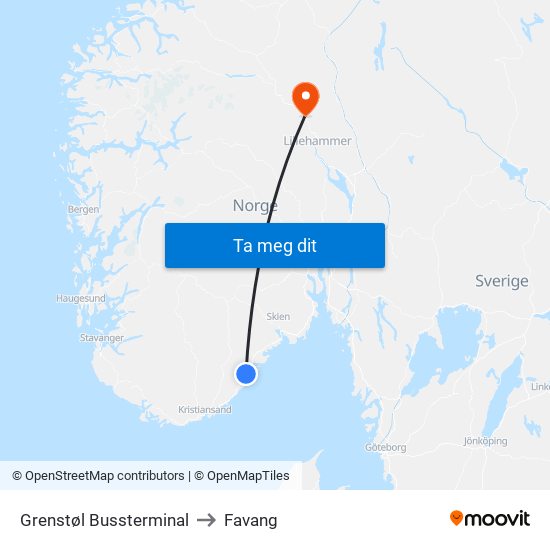 Grenstøl Bussterminal to Favang map