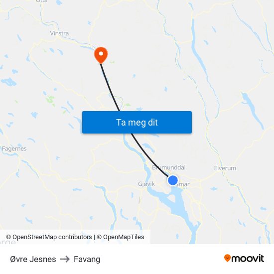 Øvre Jesnes to Favang map