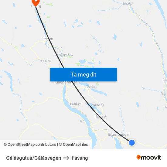 Gålåsgutua/Gålåsvegen to Favang map