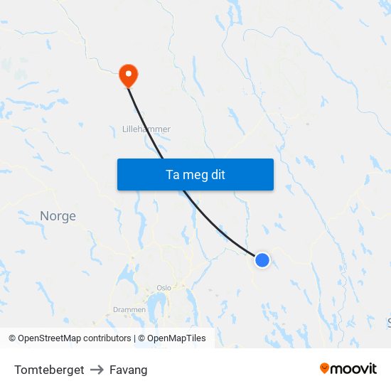 Tomteberget to Favang map