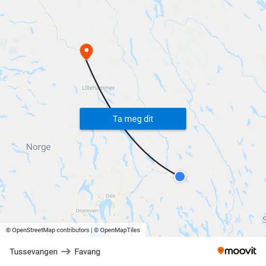 Tussevangen to Favang map