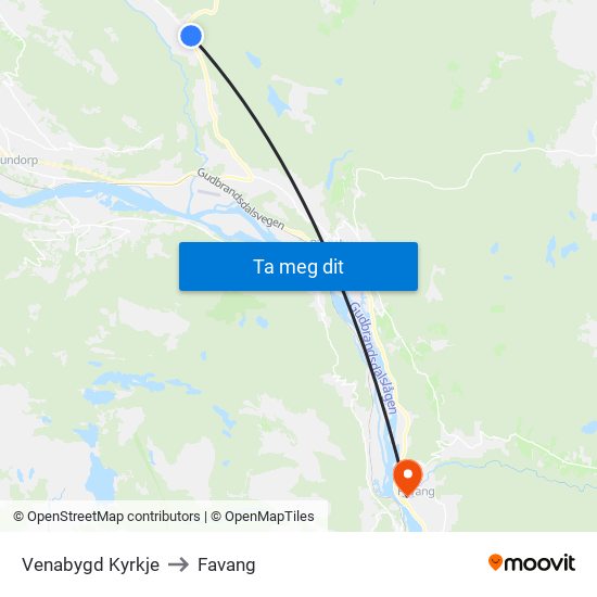 Venabygd Kyrkje to Favang map