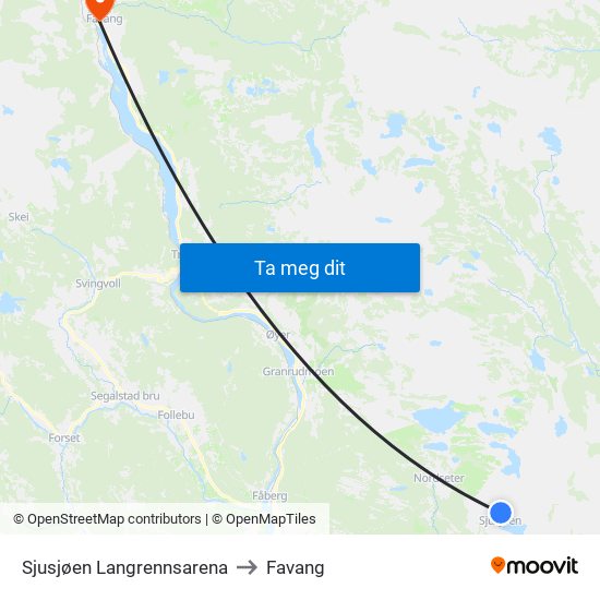Sjusjøen Langrennsarena to Favang map