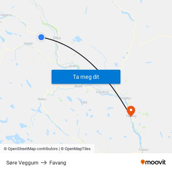 Søre Veggum to Favang map