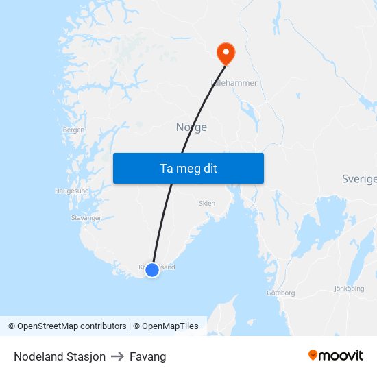 Nodeland Stasjon to Favang map