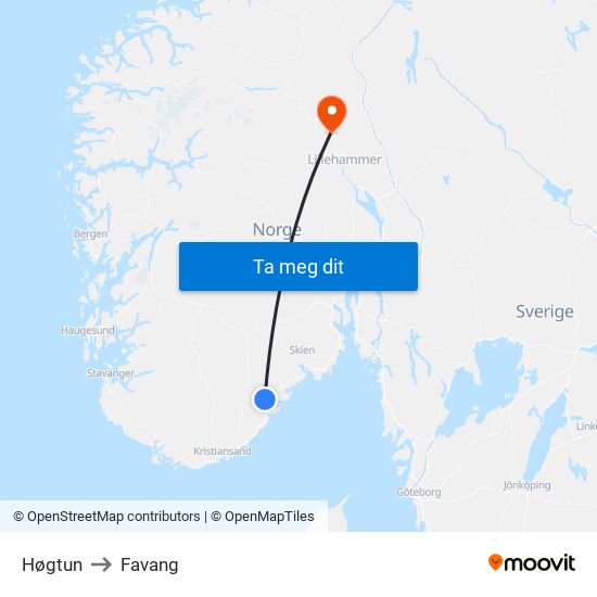 Høgtun to Favang map