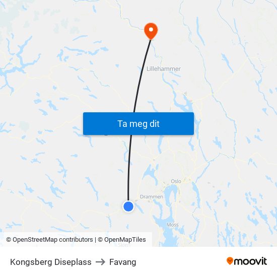 Kongsberg Diseplass to Favang map