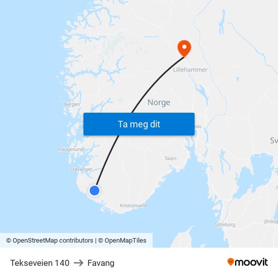 Tekseveien 140 to Favang map